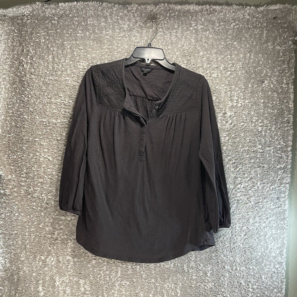 Lucky Brand Long Sleeve Gray Peasant Top Embroidered Cotton Preppy Boho Large